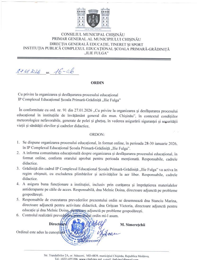ORDIN CU PRIVIRE LA ORGANIZAREA ȘI DESFĂȘURAREA PROCESULUI EDUCAȚIONAL